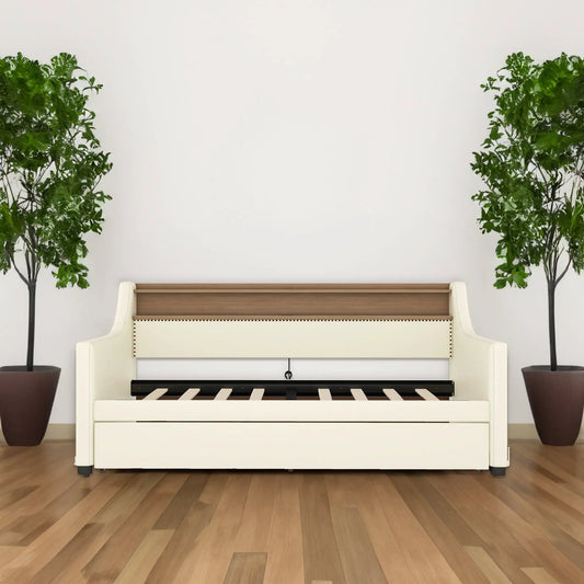 Twin size daybed with trundle, upholstered frame, light wood back, plants on sides on Tampa Home & Garden Store