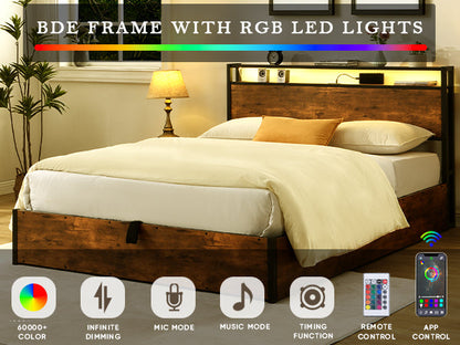 Elevating storage bed frame, full-size bed frame with bookshelf headboard and LED lights, with country brown color - Tampa Home & Garden Store