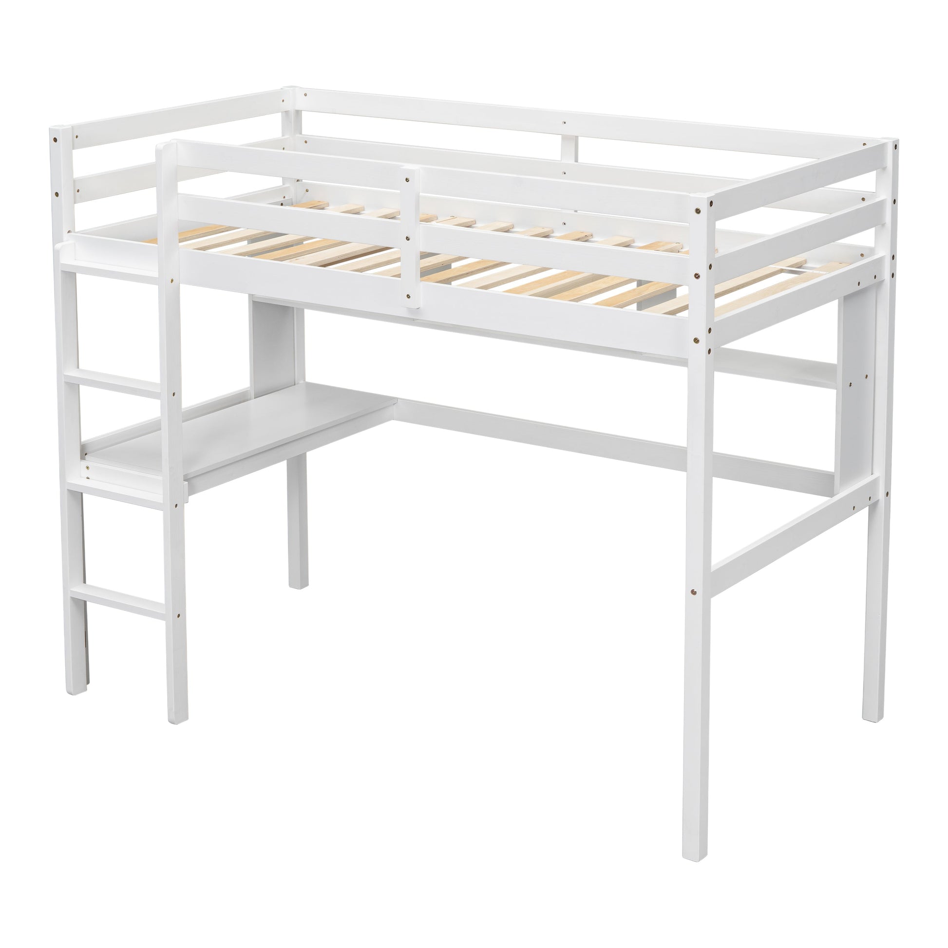 Twin Loft Bed with built-in desk and bookcase of three compartments, Guardrails and Ladder,White - Tampa Home & Garden Store