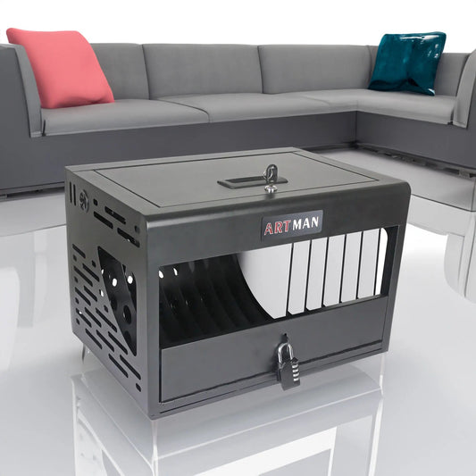 16 Bay laptop charging cabinet with locking, black metal enclosure and padlock, ARTMAN on Tampa Home & Garden Store