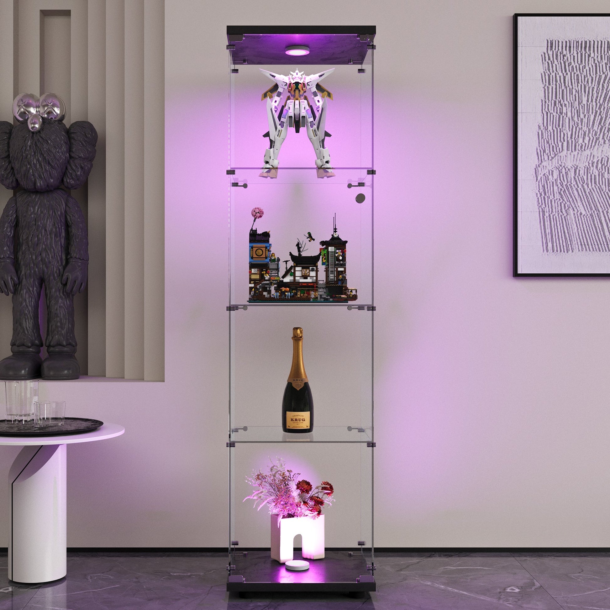 4 LED light glass display cabinets with door shelves, floor standing antique bookshelf, 64.7 "* 16.7" * 14.3 ", black - Tampa Home & Garden Store