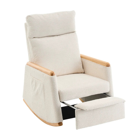 Beige boucle accent rocking chair with wooden armrests and footrest on Tampa Home & Garden Store
