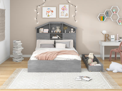 Full Size Wood Platform Bed with House-shaped Storage Headboard and 2 Drawers Gray