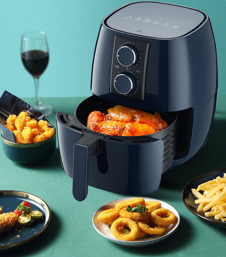 V.I.P air fryer oven 6L large blue with dual dials, fried chicken and fries in basket on Tampa Home & Garden Store