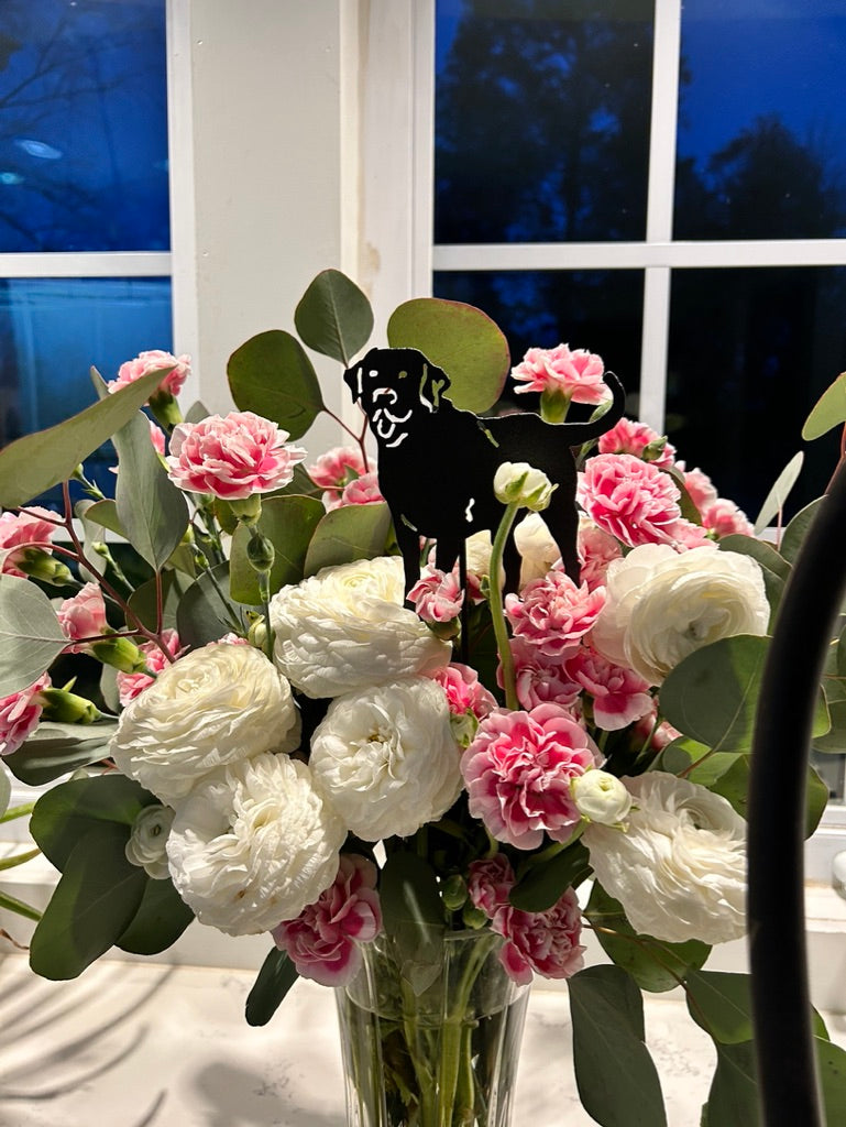 Labrador Retriever garden ornament plant stake in black metal silhouette among blooms on Tampa Home & Garden Store