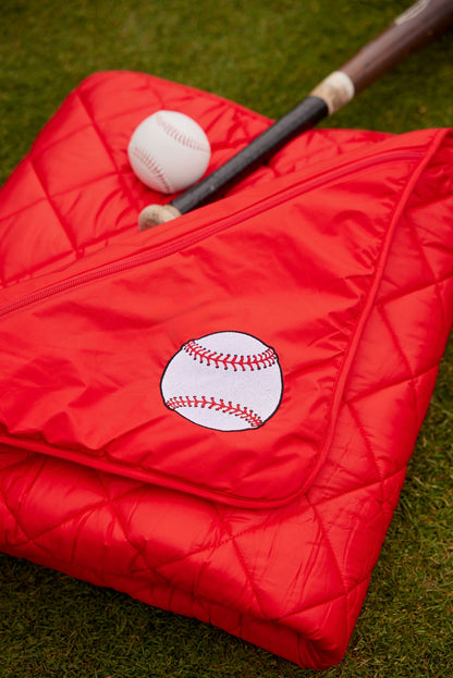 Baseball on Red Puffer Blanket by Pretty Rugged; quilted outdoor blanket with baseball graphic on Tampa Home & Garden Store