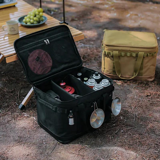 Outdoor camping storage box for kitchen utensils, black fabric organizer with mesh lid on Tampa Home & Garden Store