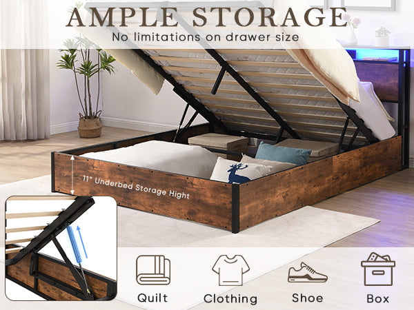 Elevating storage bed frame, full-size bed frame with bookshelf headboard and LED lights, with country brown color - Tampa Home & Garden Store