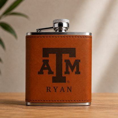 Texas A&M leather flask by Ryan's Woodworking with tan leather cover and silver cap on Tampa Home & Garden Store