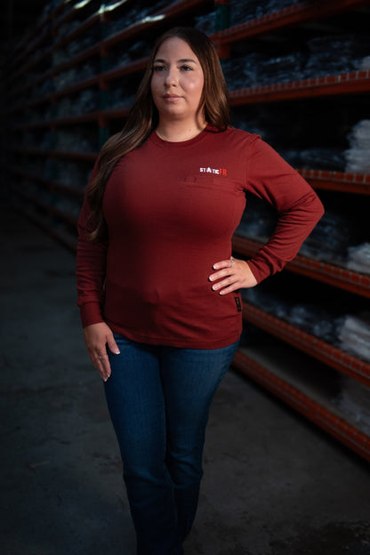 FR Women's Crew Neck wine red shirt with Static FR logo on Tampa Home & Garden Store