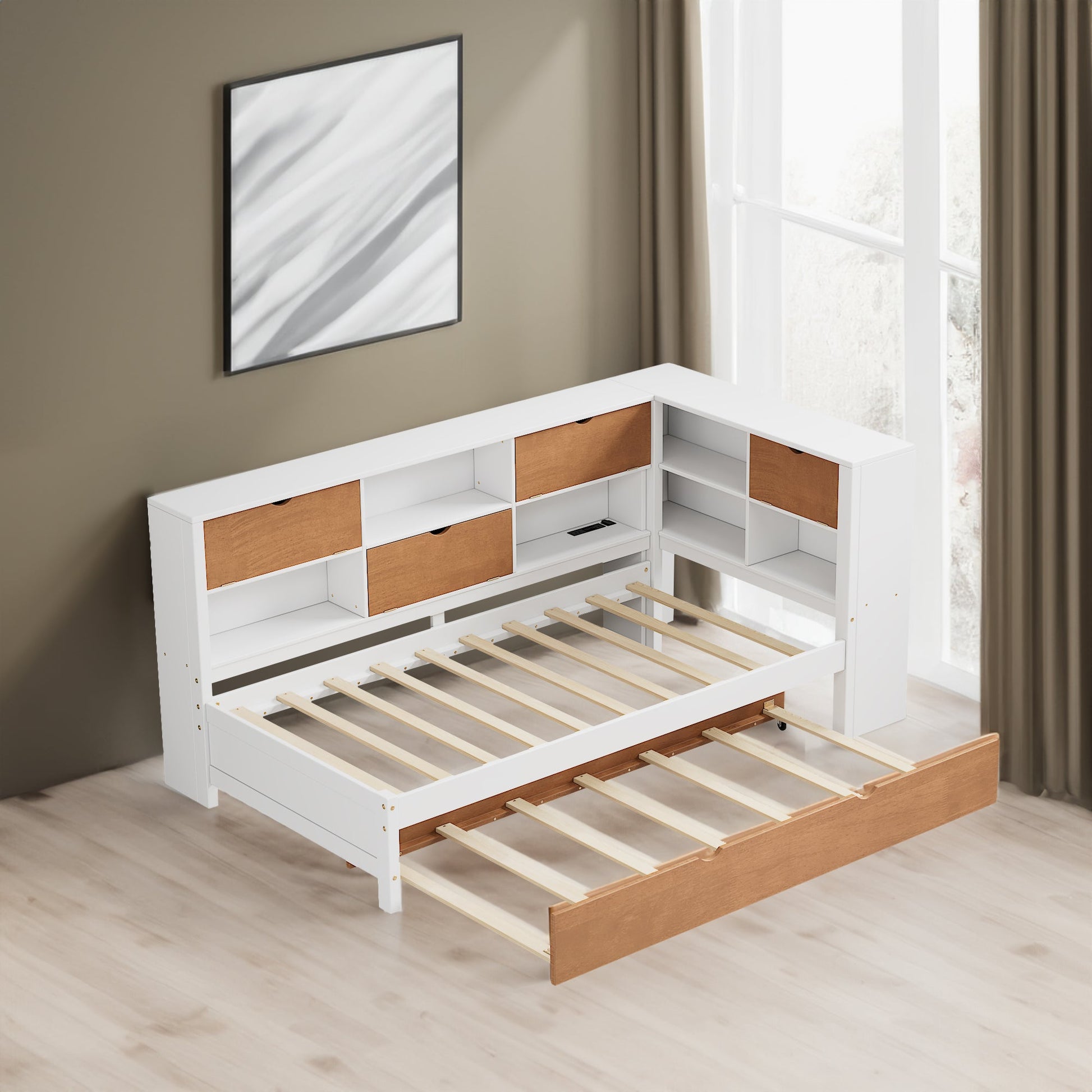 L-shaped bed frame with luggage and bookshelf, corner bed wooden captain's bed LED tube light and USB port walnut and white - Tampa Home & Garden Store
