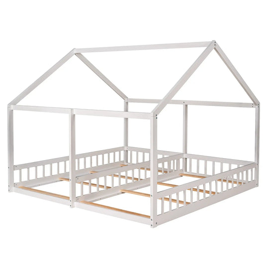 Twin Size House Platform Bed white finish metal frame with roofline top and slatted base on Tampa Home & Garden Store