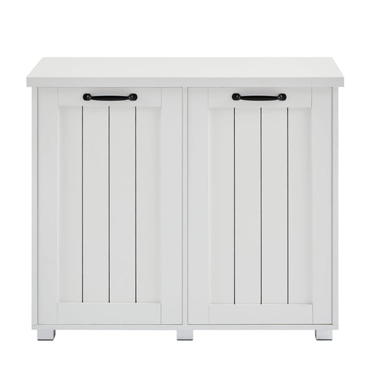 Two room inclined garbage bin, anti pet kitchen garbage bin with cutting board, independent laundry sorting cabinet, white
