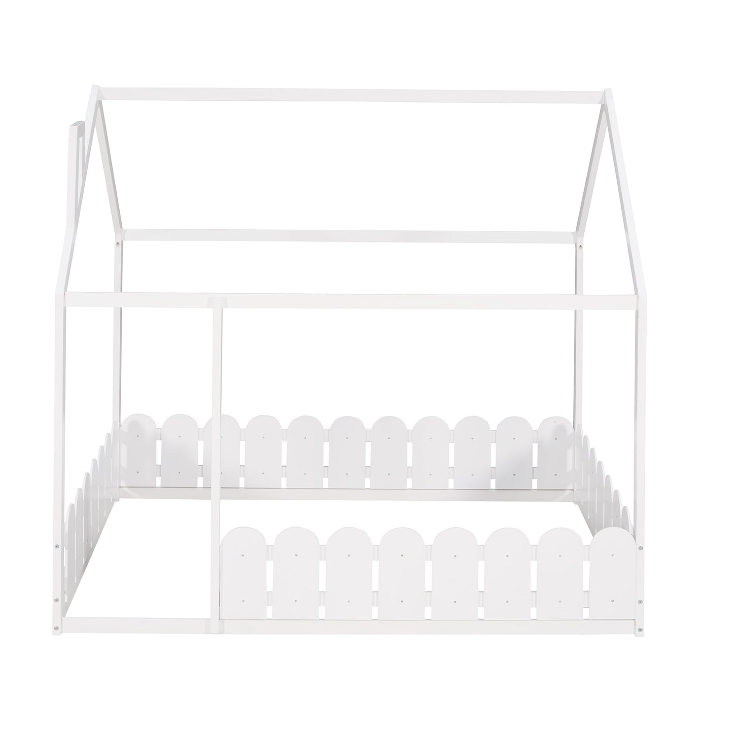Full Size Wood Bed House Bed Frame with Fence for Kids (White)