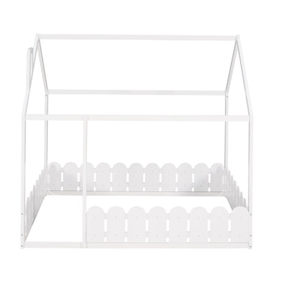 Full Size Wood Bed House Bed Frame with Fence for Kids (White)