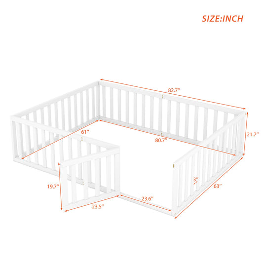 Queen Size Wood Floor Bed Frame with Fence and Door White(OLD SKU:WF289663AAK)