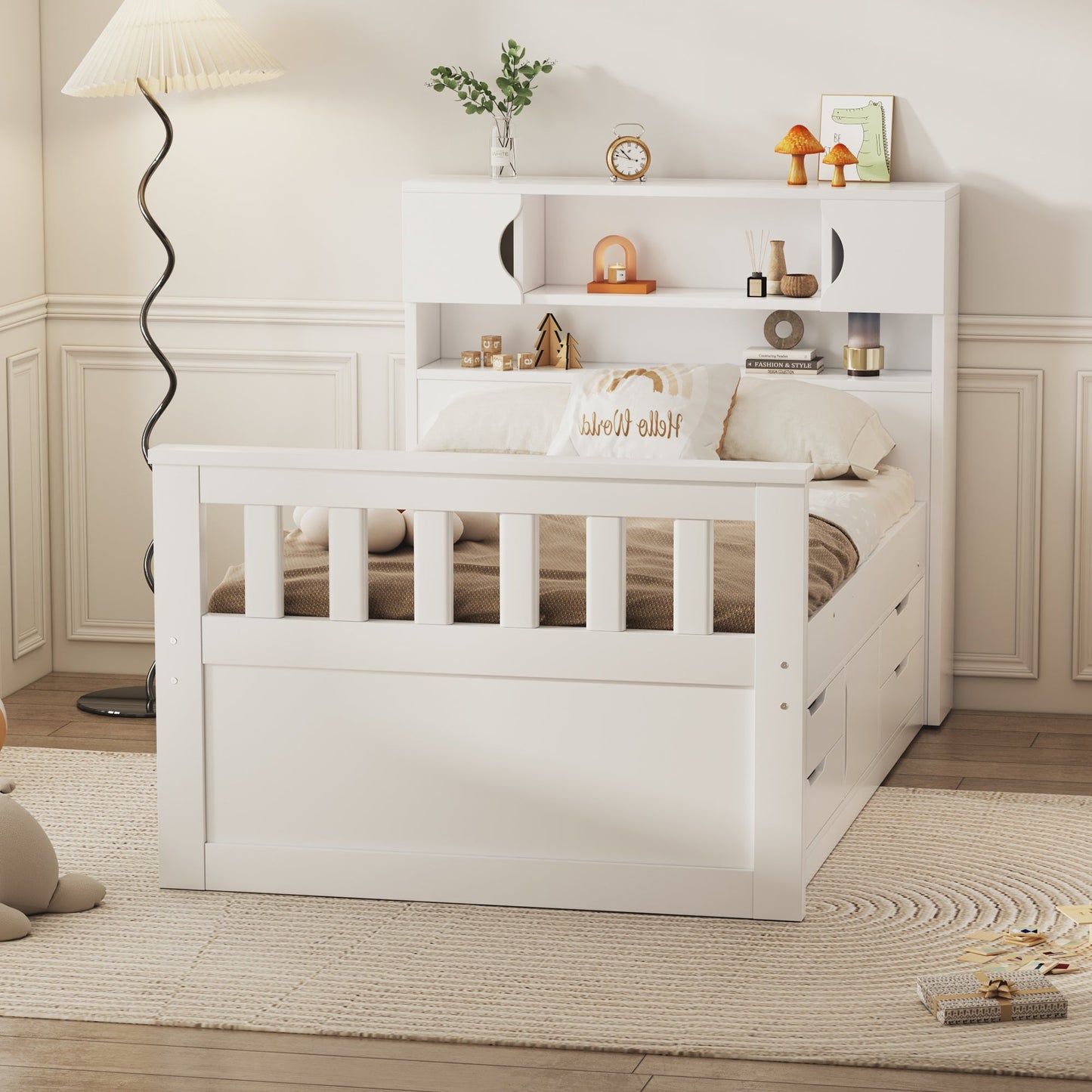 Twin Size Captain Platform Bed Frame with Storage Bookcases and Shelves,Four Drawers,White - Tampa Home & Garden Store