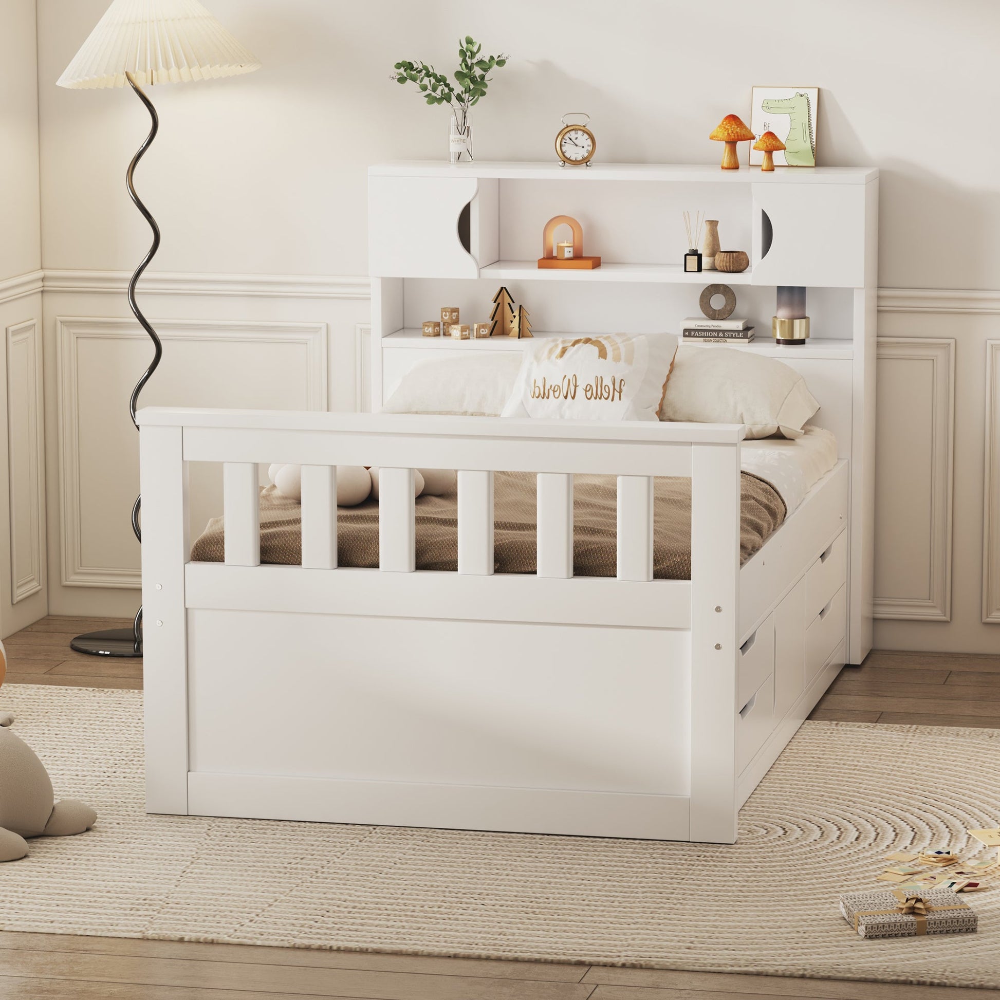 Twin Size Captain Platform Bed Frame with Storage Bookcases and Shelves,Four Drawers,White - Tampa Home & Garden Store