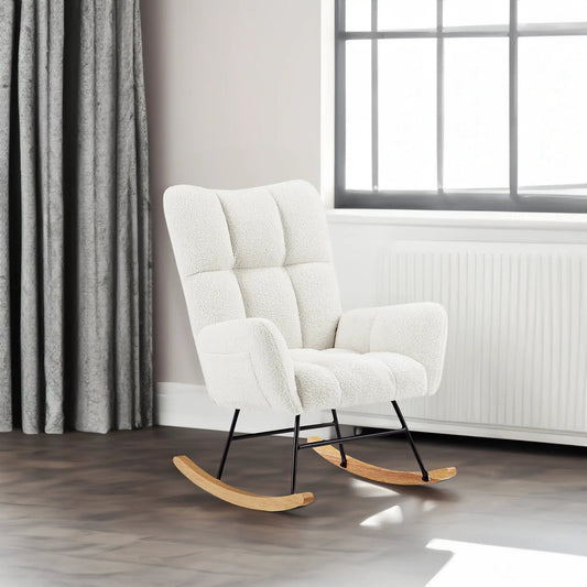 Off white teddy fabric rocking chair with curved wood rockers and black metal frame on Tampa Home & Garden Store