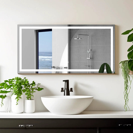 72-inch LED bath mirror light with anti-fog dimming over a white sink in a modern bathroom on Tampa Home & Garden Store