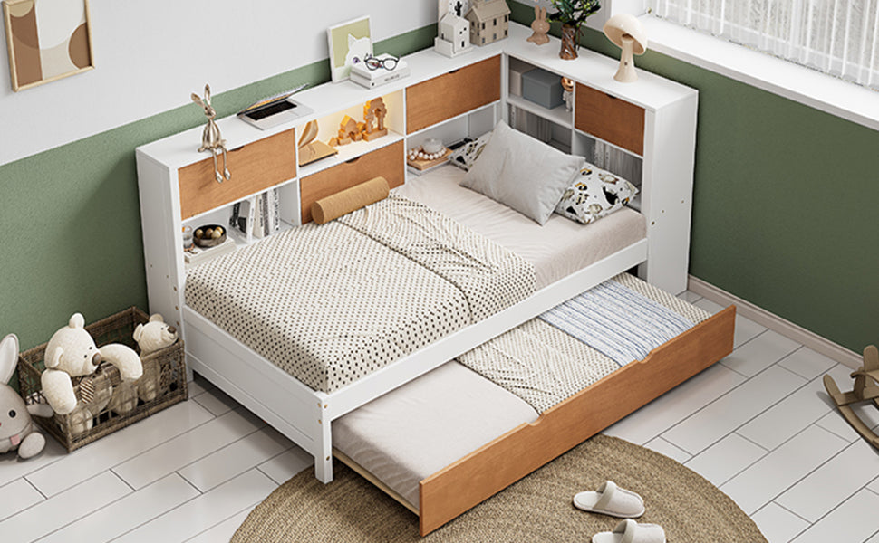 L-shaped bed frame with luggage and bookshelf, corner bed wooden captain's bed LED tube light and USB port walnut and white - Tampa Home & Garden Store