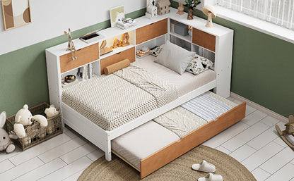L-shaped bed frame with luggage and bookshelf, corner bed wooden captain's bed LED tube light and USB port walnut and white - Tampa Home & Garden Store
