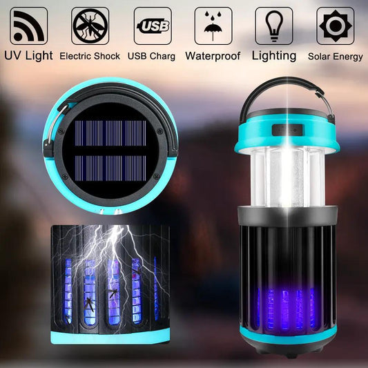 Solar Mosquito Killer Lamp outdoor waterproof electric trap with turquoise ring and blue glow on Tampa Home & Garden Store