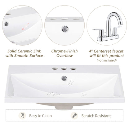 24" White Modern Sleek Bathroom Vanity Elegant Ceramic Sink with Solid Wood Frame Open Style Shelf