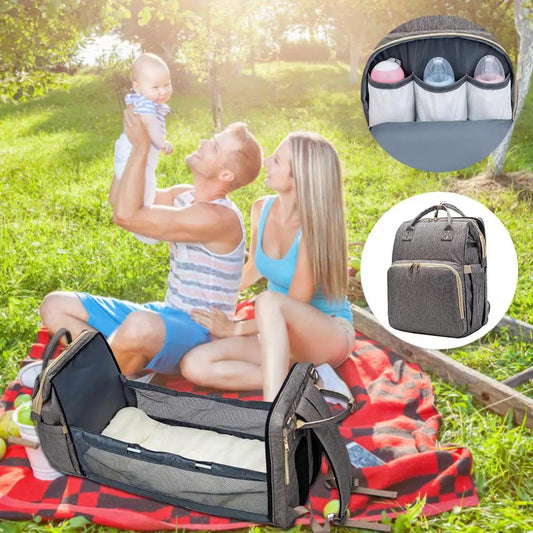 Moms and Dads Convertible Diaper Bag Backpack Bed gray fabric with changing pad and pockets on Tampa Home & Garden Store