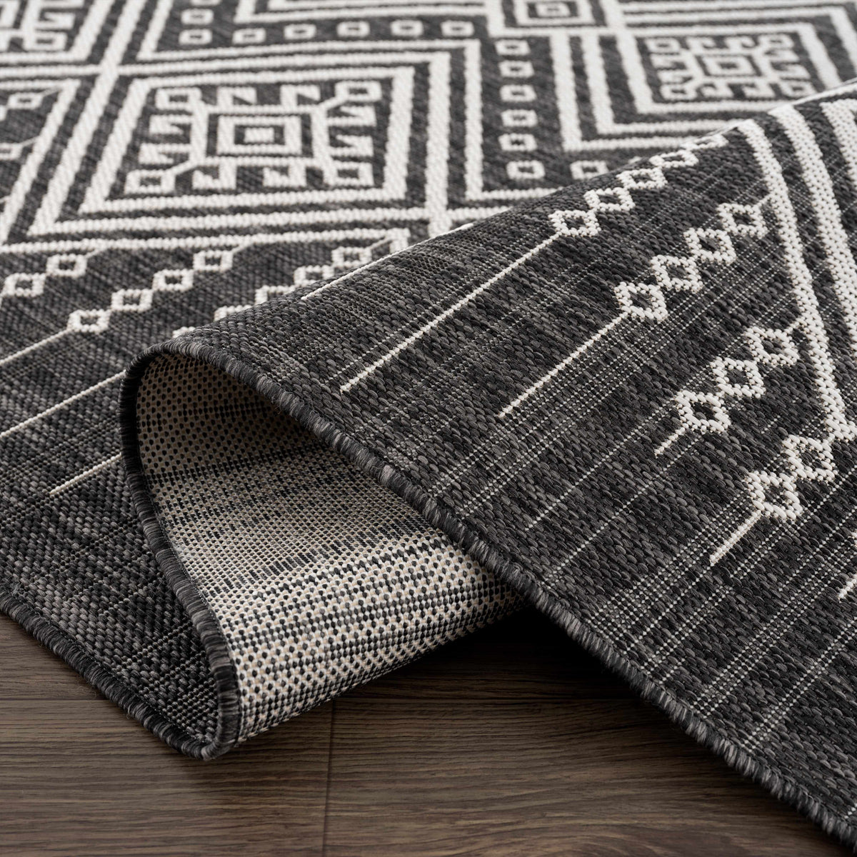 Frankville Black&White All Over Performance Outdoor Rug, with bold geometric pattern on Tampa Home & Garden Store
