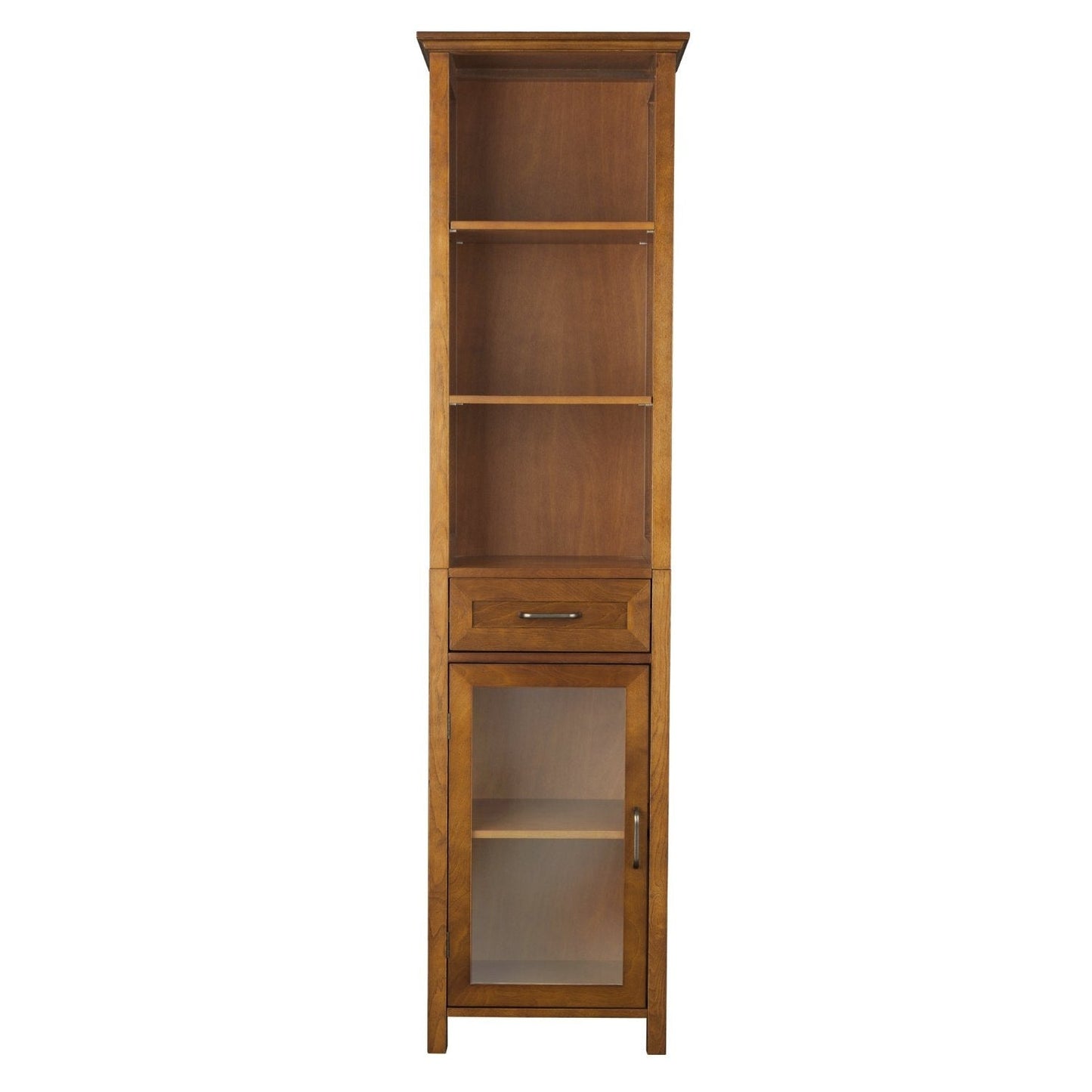 Mueble alto para baño con acabado de roble, estantes y almacenaje