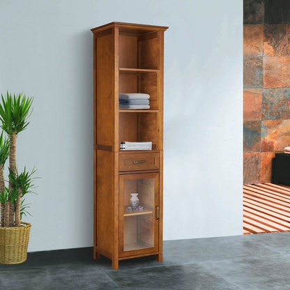 Mueble alto para baño con acabado de roble, estantes y almacenaje