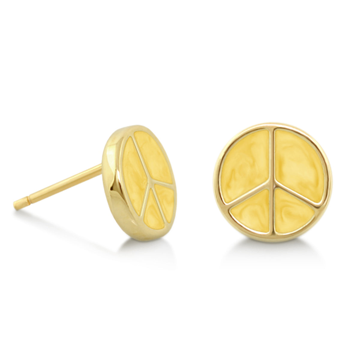 Peaceful Kids Earring pair, gold-tone round studs with yellow marbled enamel peace sign on Tampa Home & Garden Store