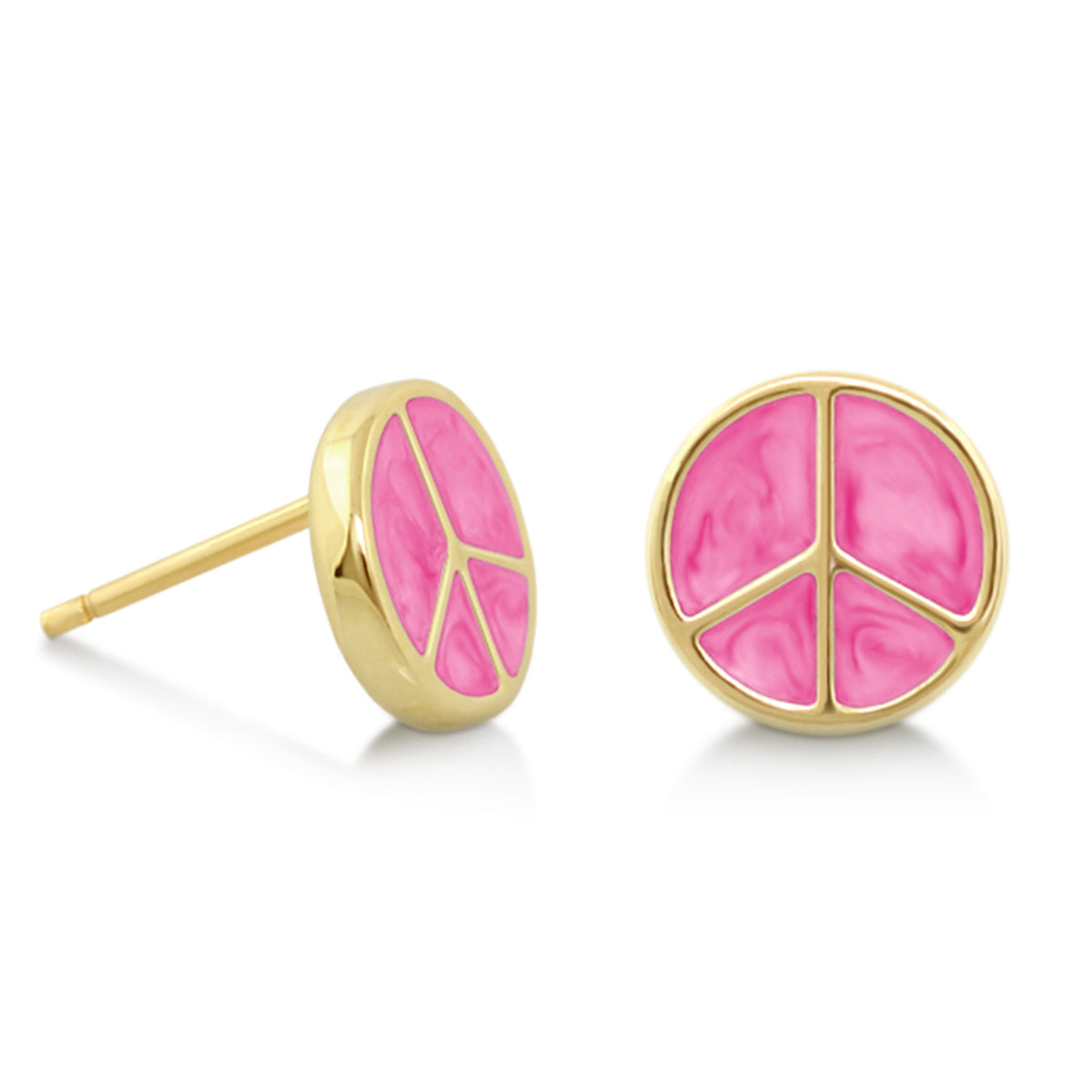 Peaceful Kids Earring pair pink enamel peace sign on gold-tone round studs on Tampa Home & Garden Store