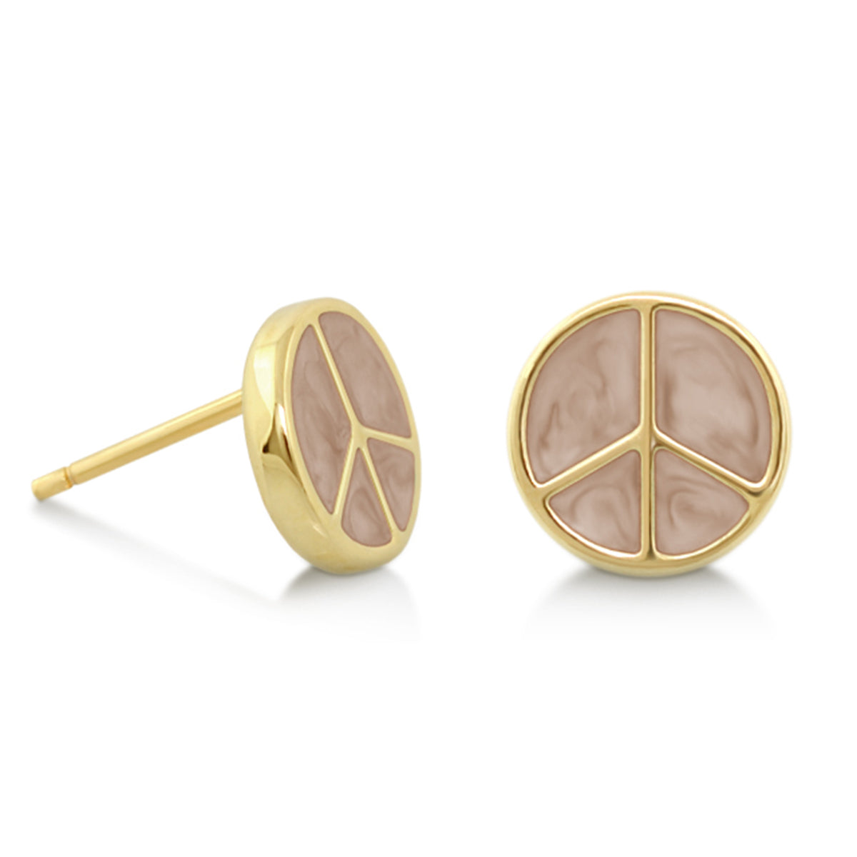 Peaceful Kids Earring pair by Lauren G Adams; gold-tone studs with pink marbled peace symbols on Tampa Home & Garden Store