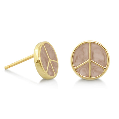 Peaceful Kids Earring pair by Lauren G Adams; gold-tone studs with pink marbled peace symbols on Tampa Home & Garden Store