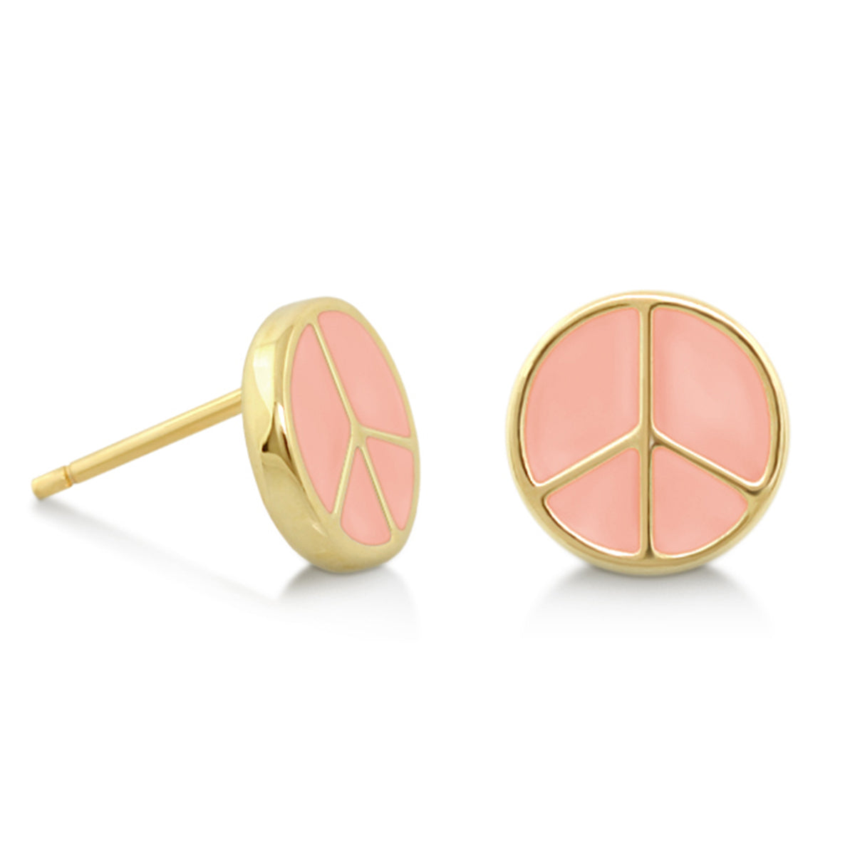 Peaceful Kids Earring pair, pink peach enamel peace sign on gold-tone posts, girl's earrings on Tampa Home & Garden Store
