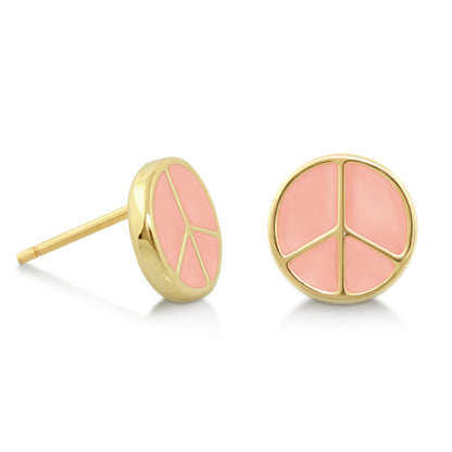 Peaceful Kids Earring pair, pink peach enamel peace sign on gold-tone posts, girl's earrings on Tampa Home & Garden Store