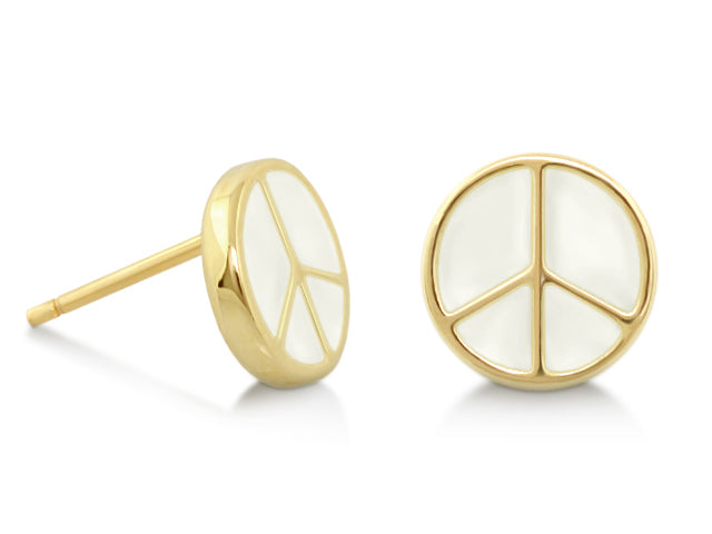 Peaceful Kids Earrings gold-tone round studs with white enamel peace symbol Lauren G Adams on Tampa Home & Garden Store