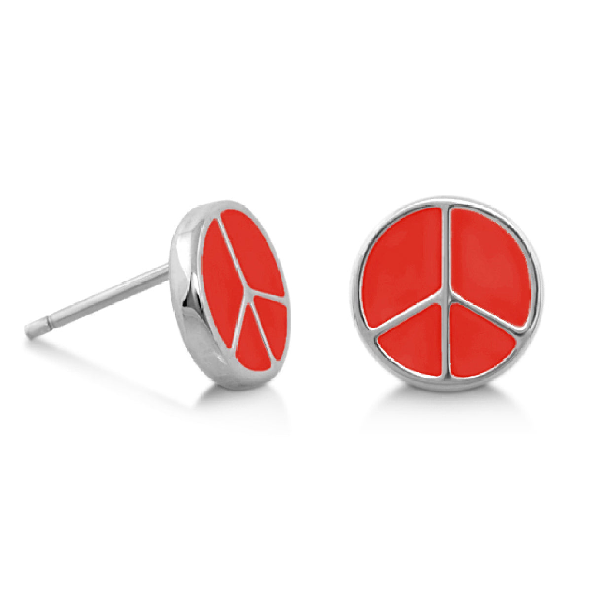 Peaceful Kids Earrings by Lauren G Adams, red enamel peace sign studs, silvertone backs pair on Tampa Home & Garden Store