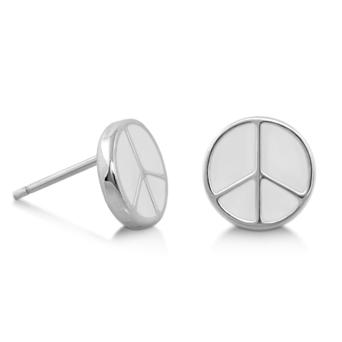 Peaceful Kids Earring pair, girl's peace sign stud earrings in silver with white enamel on Tampa Home & Garden Store