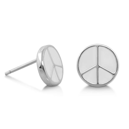 Peaceful Kids Earring pair, girl's peace sign stud earrings in silver with white enamel on Tampa Home & Garden Store