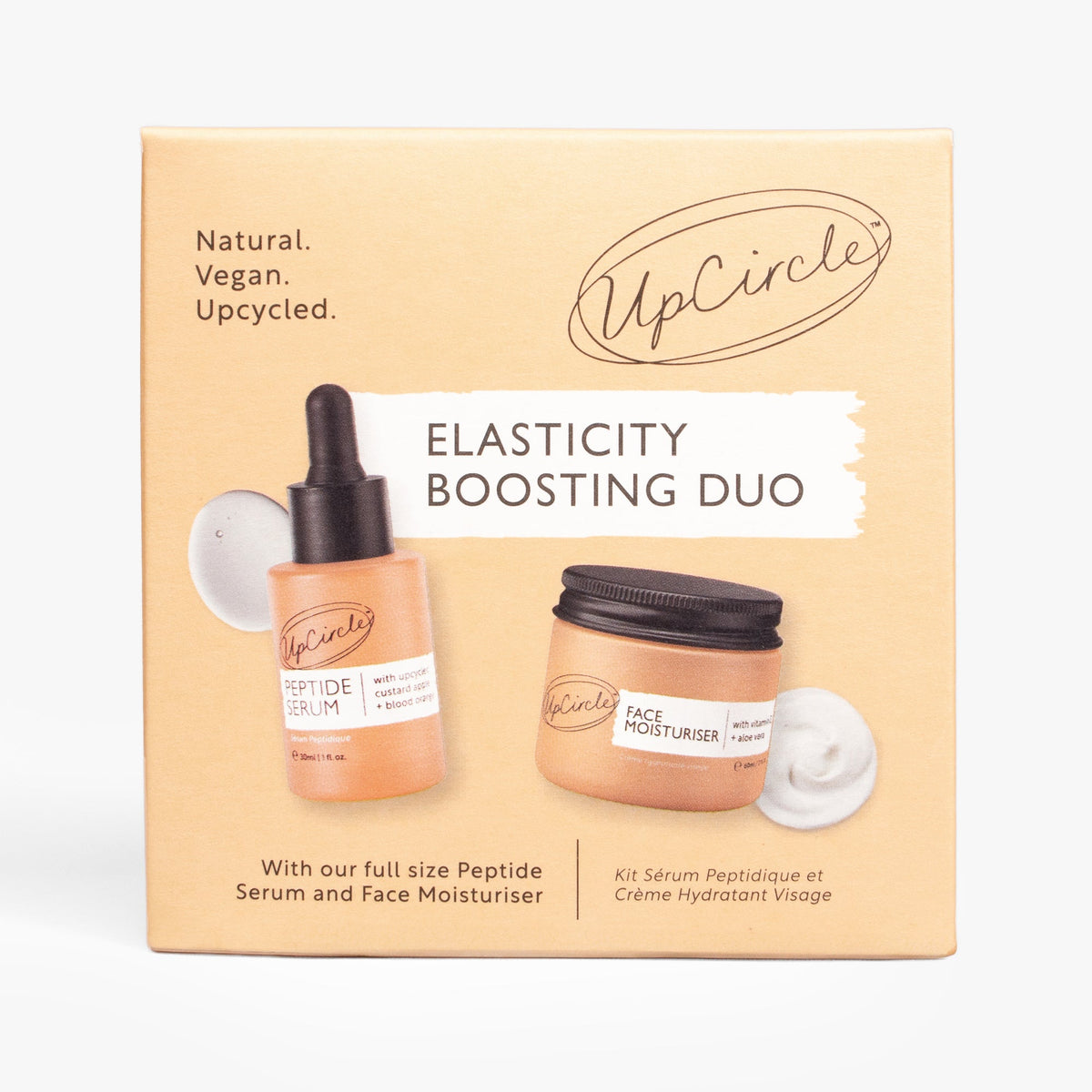 Elasticity Boosting Duo by UpCircle: peptide serum and face moisturiser bottles on box on Tampa Home & Garden Store