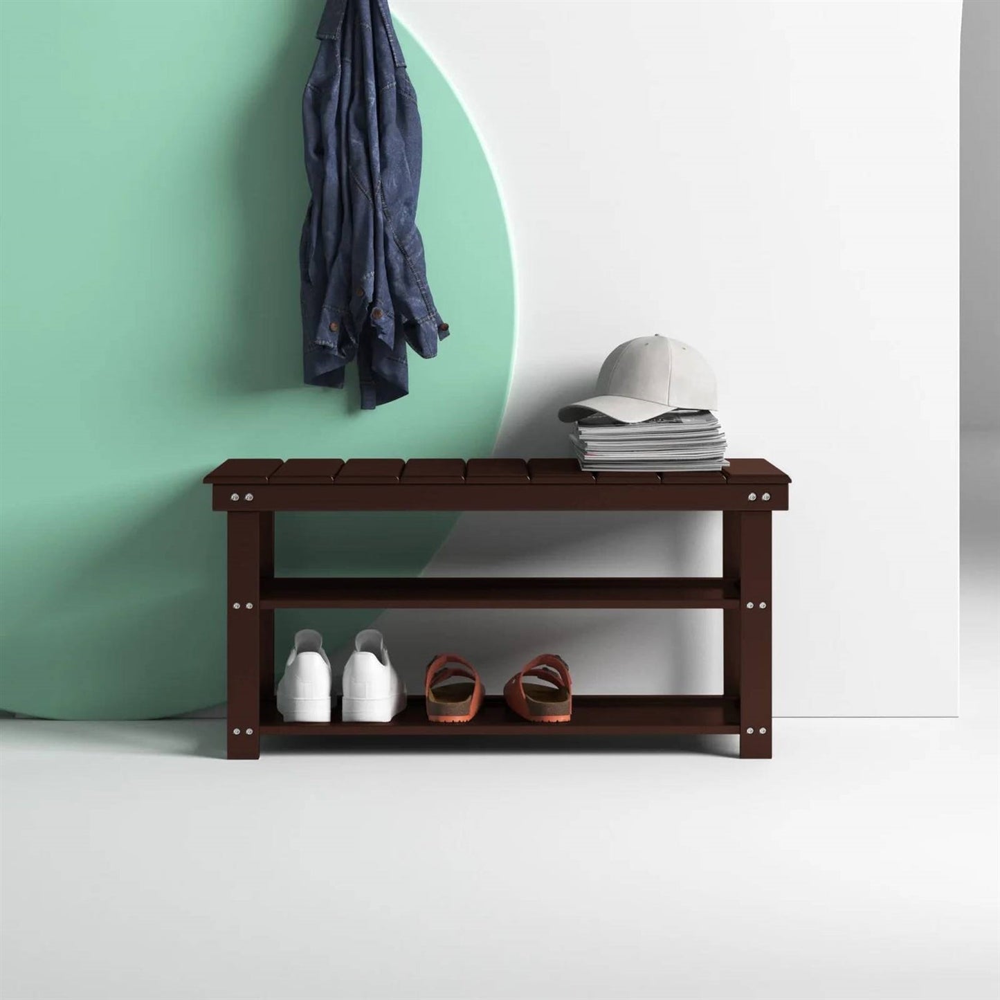 Banco zapatero de almacenamiento de 2 estantes de madera color espresso para recibidor o armario
