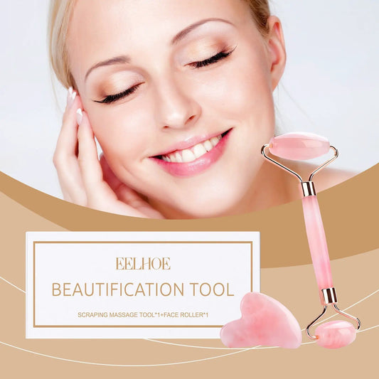 Powder Roller Massager Set with pink rose-quartz facial roller and 2 heart-shaped stones on EELHOE Beautification Tool box on Tampa Home & Garden Store
