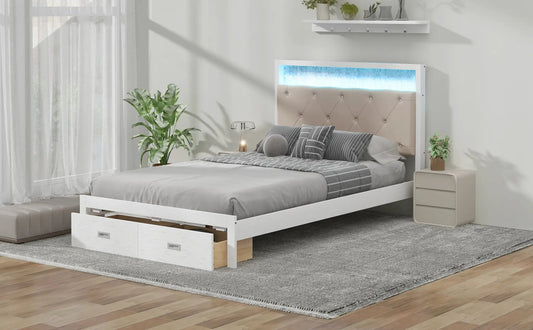 Wood full platform bed with LED headboard and drawers, white frame, beige tufted headboard on Tampa Home & Garden Store