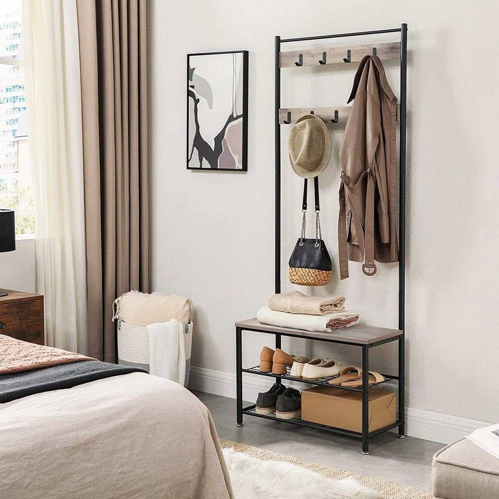 Banco Zapatero Perchero de Entrada Industrial Moderno Negro Gris con 2 Estantes