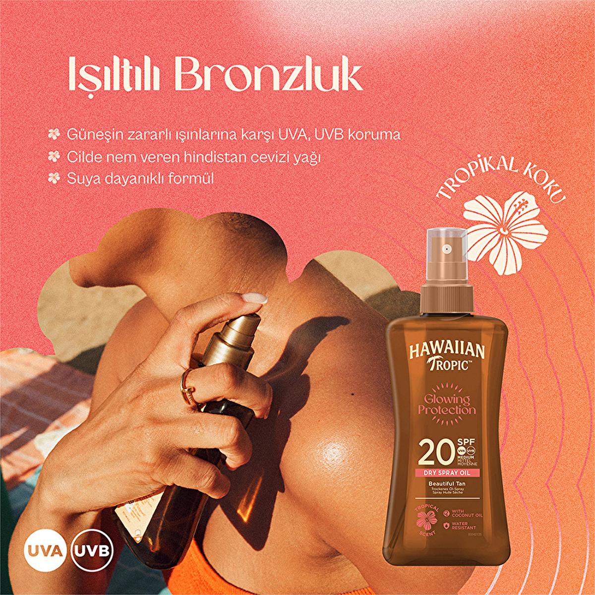 Hawaiian Tropic Glowing Protection SPF20 dry spray oil bronzer bottle with UVA/UVB protection on Tampa Home & Garden Store