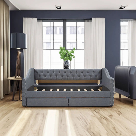 Upholstered Twin Daybed With Two Drawers Gray tufted with nailhead trim on Tampa Home & Garden Store