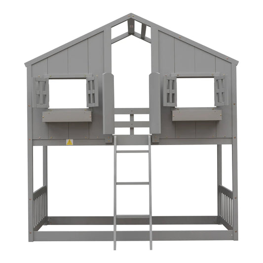 Twin over twin house bunk bed with roof in grey finish, ladder included on Tampa Home & Garden Store